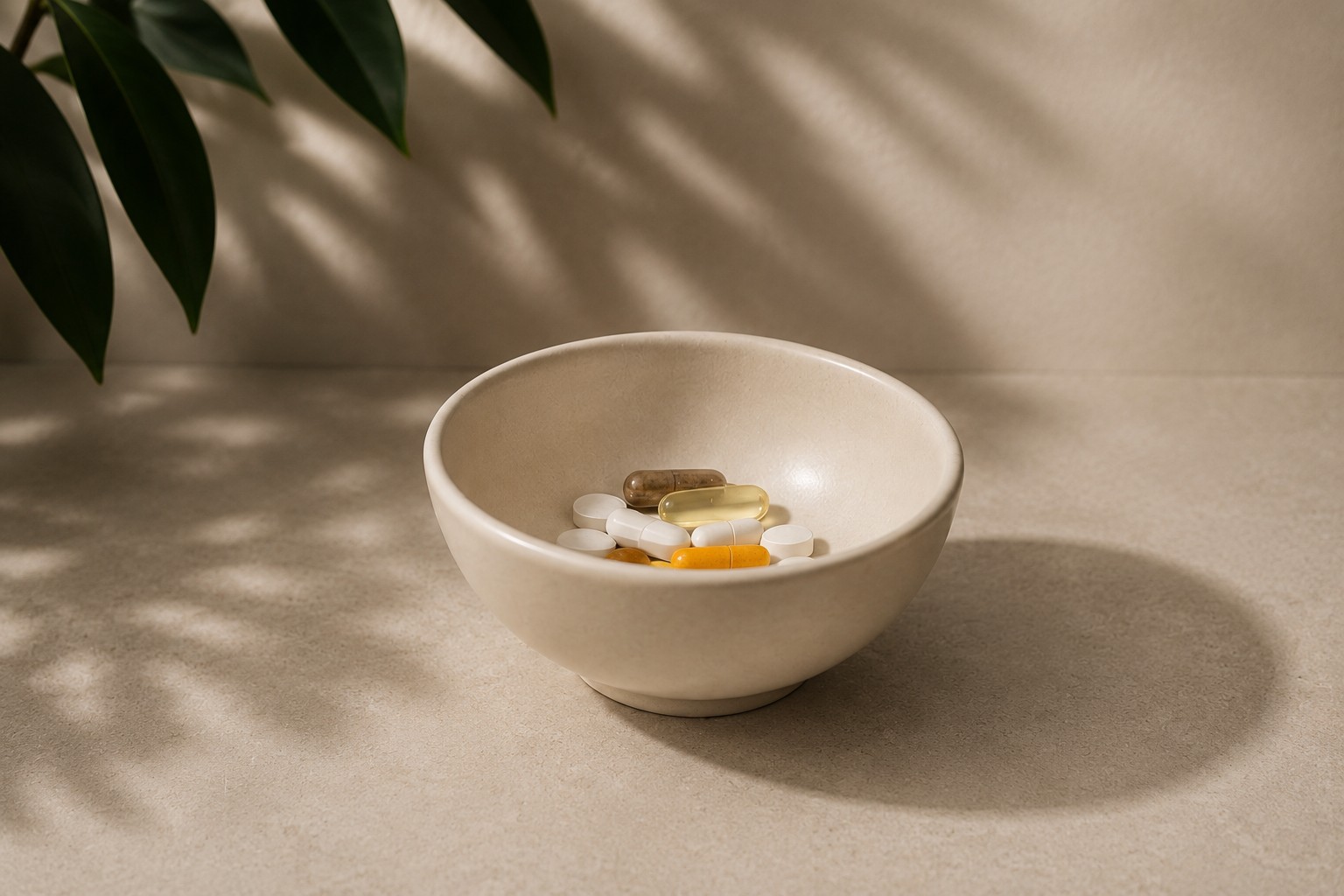 A ceramic bowl of loose vitamins and supplements