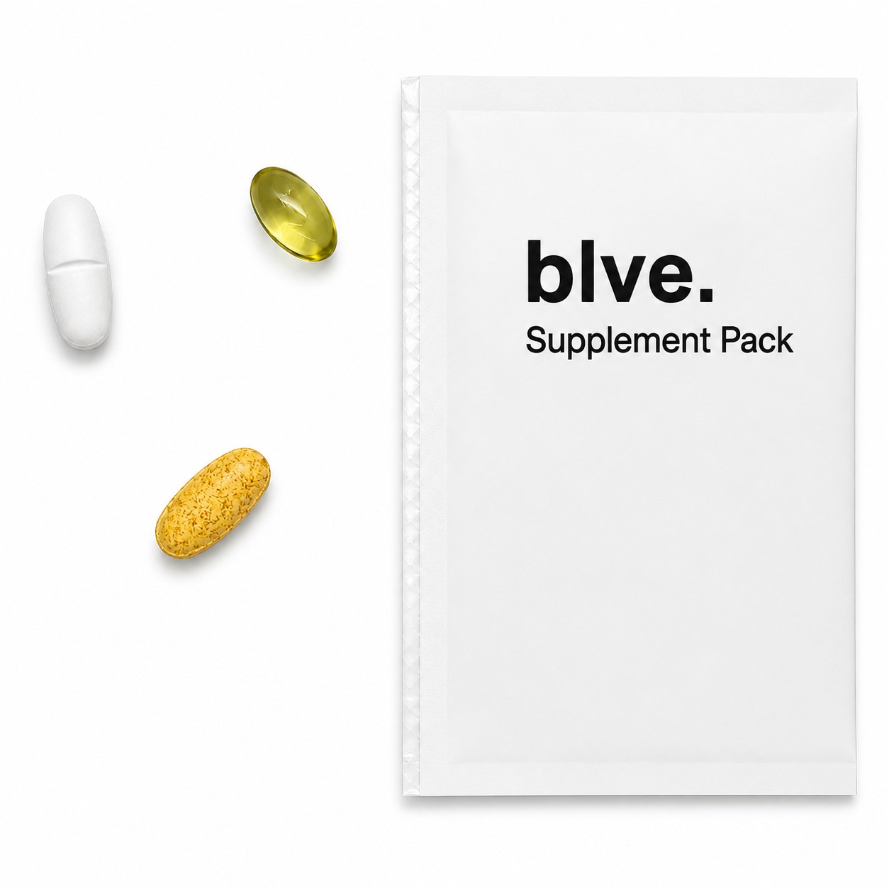 A blve. daily supplement pouch with a tablet, a softgel and a capsule